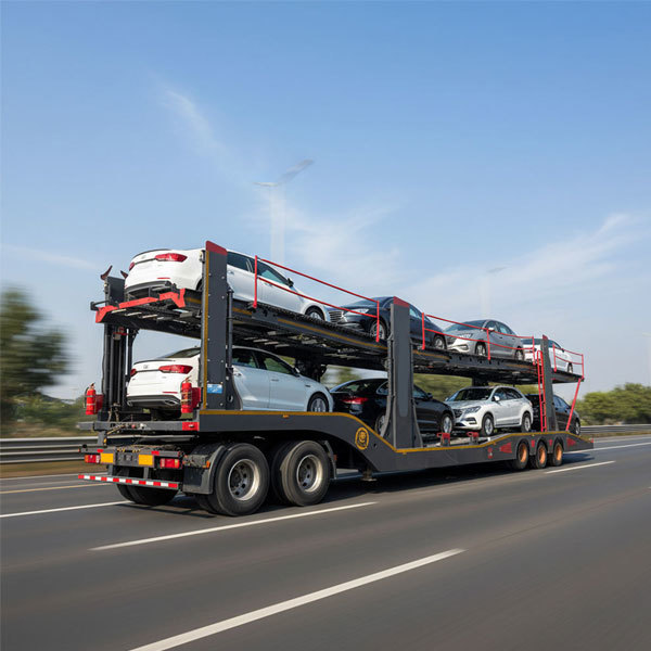 Hydraulic double-decker transport trailers with 3, 5, 6, and 8 vehicles.