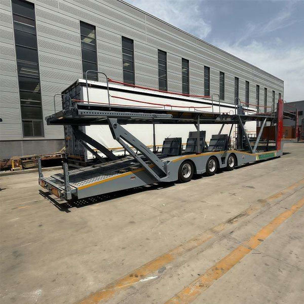Hydraulic double-decker transport trailers with 3, 5, 6, and 8 vehicles.