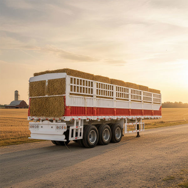 60-ton steel three-axle semi-trailer, suitable for transporting livestock (cattle, sheep, chickens), equipped with side fences.