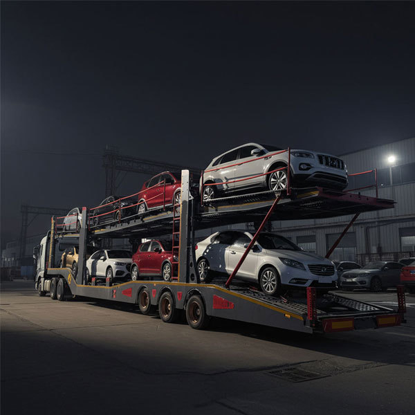 Hydraulic double-decker transport trailers with 3, 5, 6, and 8 vehicles.